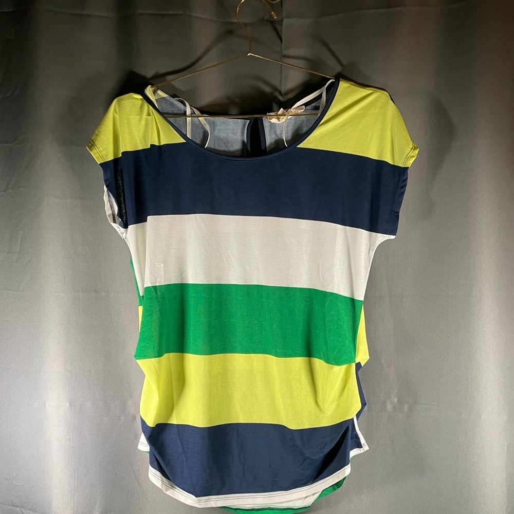 Sweet wanderer, women’s dress top stripes blue green yellow-short sleeve-large